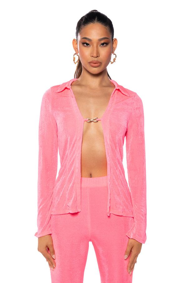 CYNTHIA COLLARED SLINKY BLOUSE IN PINK