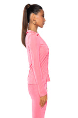 CYNTHIA COLLARED SLINKY BLOUSE IN PINK