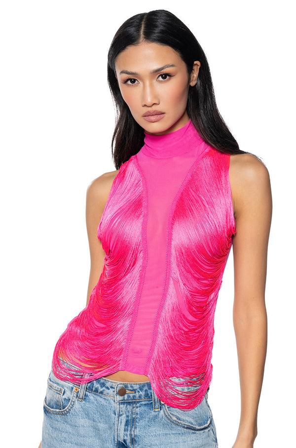 DANIELA FRINGE DETAIL SLEEVELESS MESH TOP IN PINK