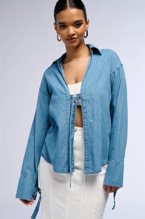 DAY TRIP BUCKLED FRONT DENIM BLOUSE