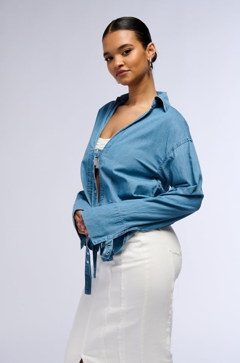 DAY TRIP BUCKLED FRONT DENIM BLOUSE