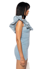CYNTHIA STATMENT SHOULDER DENIM MINI DRESS