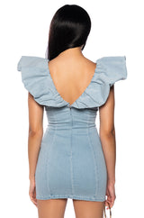 CYNTHIA STATMENT SHOULDER DENIM MINI DRESS