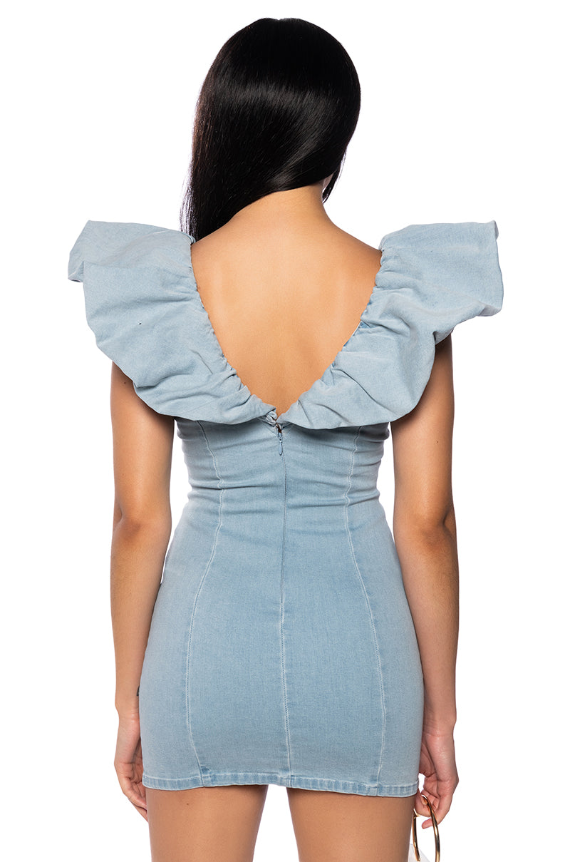 CYNTHIA STATMENT SHOULDER DENIM MINI DRESS