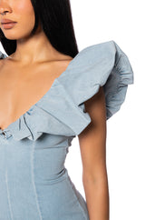 CYNTHIA STATMENT SHOULDER DENIM MINI DRESS