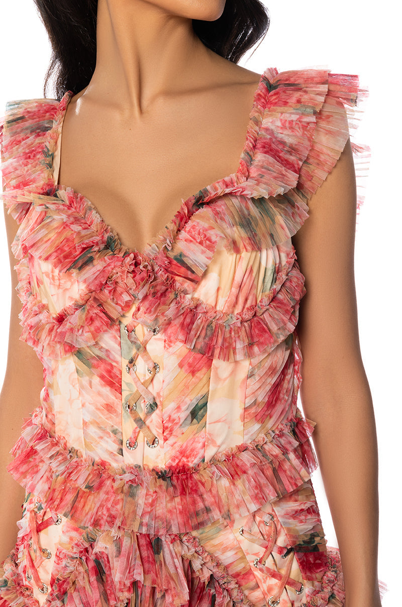 DAYDREAMER FLORAL PLEATED RUFFLE MINI DRESS