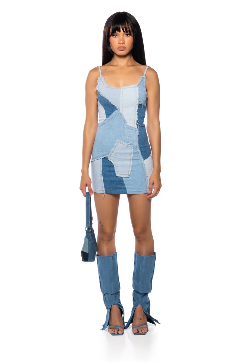 PAISLEY PATCHWORK DENIM MINI DRESS