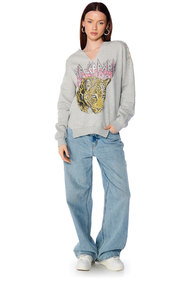 DEF LEPPARD RHINESTONE FRINGE TRIM SWEATSHIRT