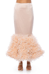 DELLA FEATHER HEM MAXI SKIRT IN LIGHT PINK