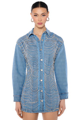 DENIM AND DIAMONDS BUTTON UP MINI DRESS