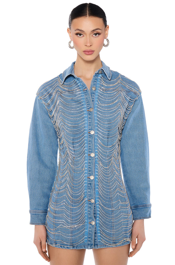 DENIM AND DIAMONDS BUTTON UP MINI DRESS
