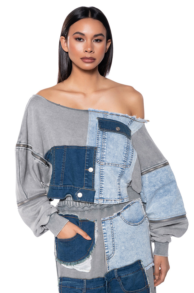 DENIM DREAMS ZIPPER DETAIL SWEATSHIRT
