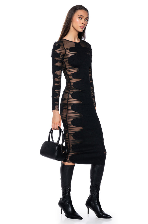 DEVON DENIM AND MESH LONG SLEEVE MIDI DRESS