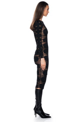 DEVON DENIM AND MESH LONG SLEEVE MIDI DRESS