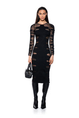 DEVON DENIM AND MESH LONG SLEEVE MIDI DRESS