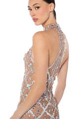 DIAMONDS ARE FOREVER MESH MIDI DRESS IN BEIGE