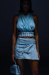 DIANA HALTER NECK DENIM BELTED OPEN BACK TOP