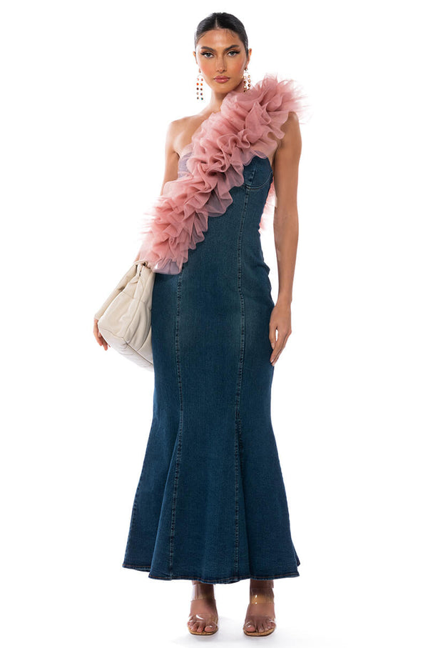 JENNA FLARE DENIM MAXI DRESS