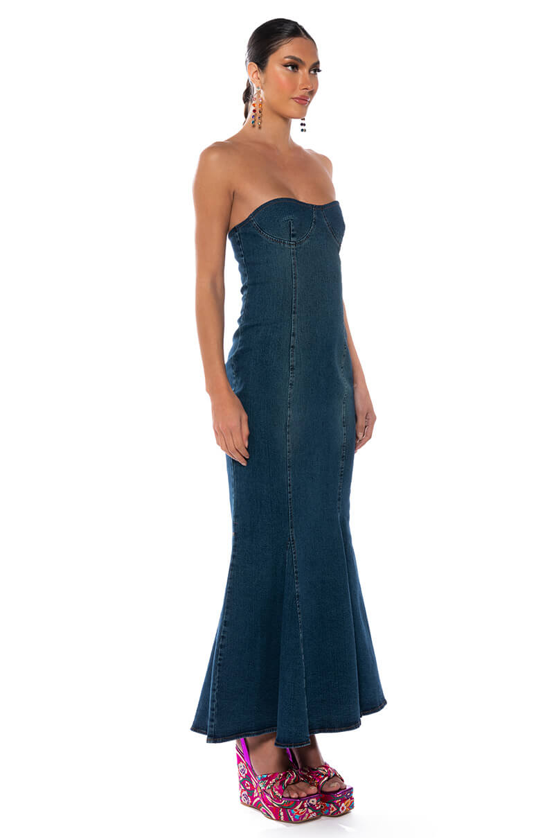 JENNA FLARE DENIM MAXI DRESS