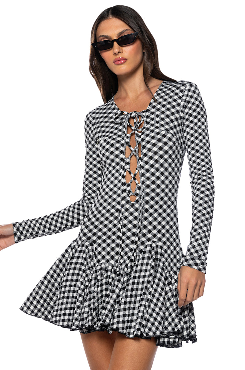 DINNER FOR TWO LACE UP MINI DRESS