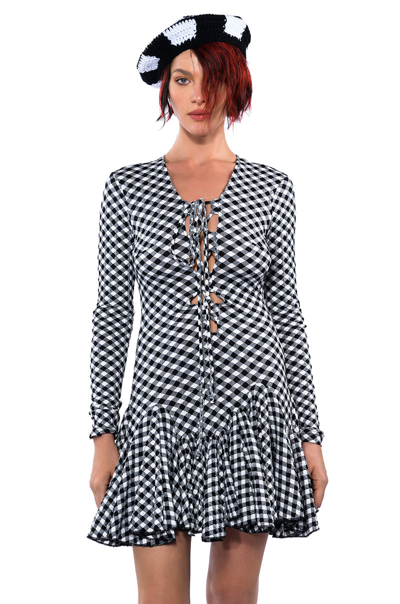 DINNER FOR TWO LACE UP MINI DRESS