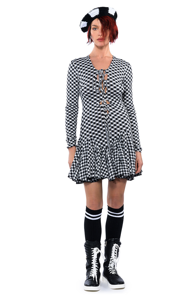 DINNER FOR TWO LACE UP MINI DRESS