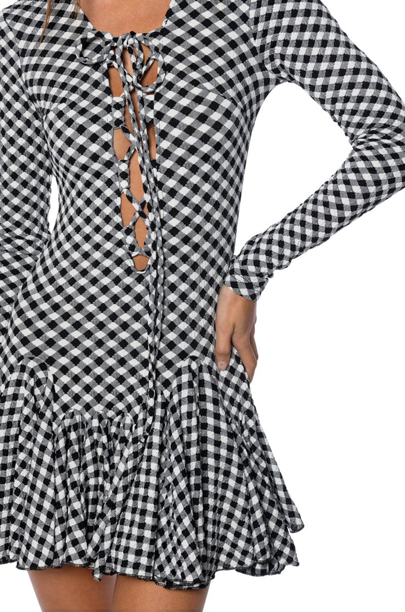 DINNER FOR TWO LACE UP MINI DRESS