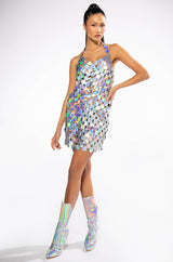 DISCO BABE HOLOGRAPHIC SHIFT DRESS