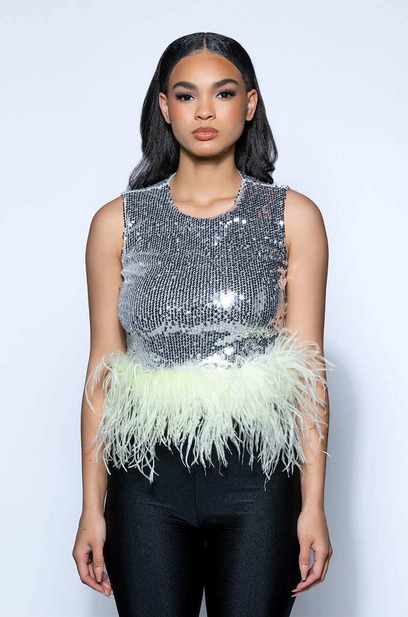 FEATHERED DISCO BALL SLEEVELESS TOP
