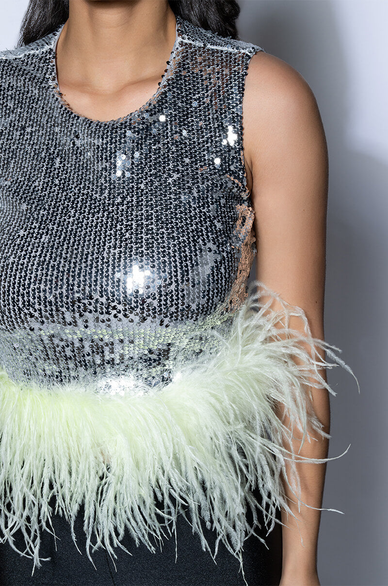 FEATHERED DISCO BALL SLEEVELESS TOP