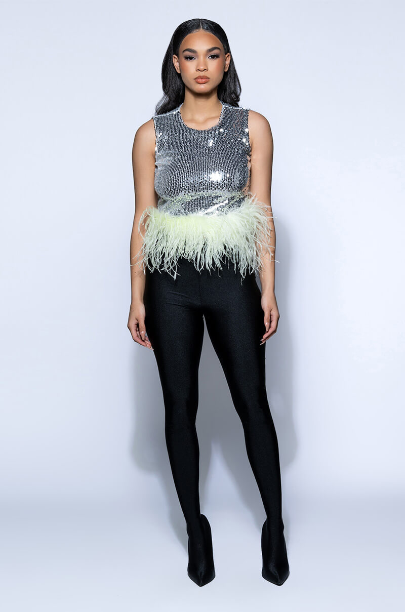 FEATHERED DISCO BALL SLEEVELESS TOP
