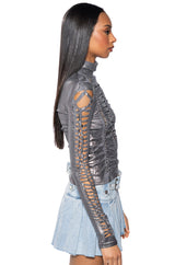 DISTRESSED METALLIC SHEEN TURTLENECK KNIT TOP