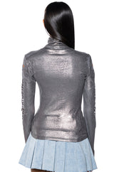 DISTRESSED METALLIC SHEEN TURTLENECK KNIT TOP