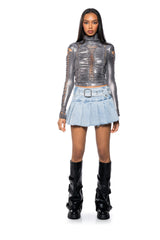 DISTRESSED METALLIC SHEEN TURTLENECK KNIT TOP