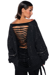 DISTRESSED OFF THE SHOULDER RHINESTONE EMBELLISHED SWEATSHIRT