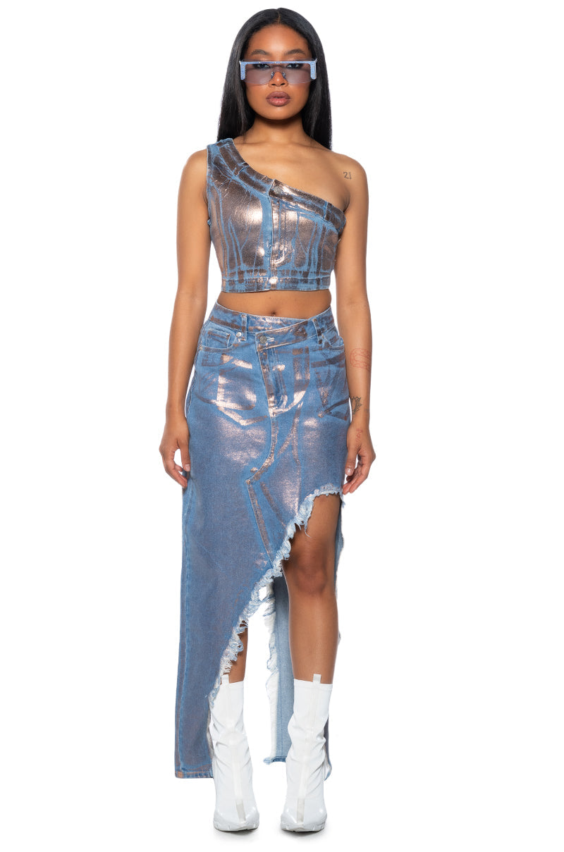 DIVINE TIMING CROPPED METALLIC DENIM TOP