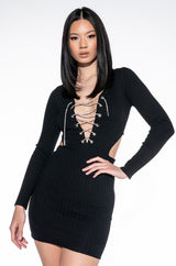DOING MY THANG RHINESTONE LACE UP FRONT MINI DRESS