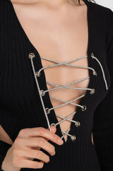 DOING MY THANG RHINESTONE LACE UP FRONT MINI DRESS