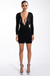 DOING MY THANG RHINESTONE LACE UP FRONT MINI DRESS