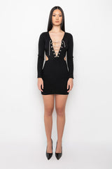DOING MY THANG RHINESTONE LACE UP FRONT MINI DRESS
