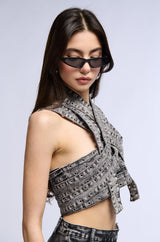 DONITA DENIM HALTER NECK CROP TOP