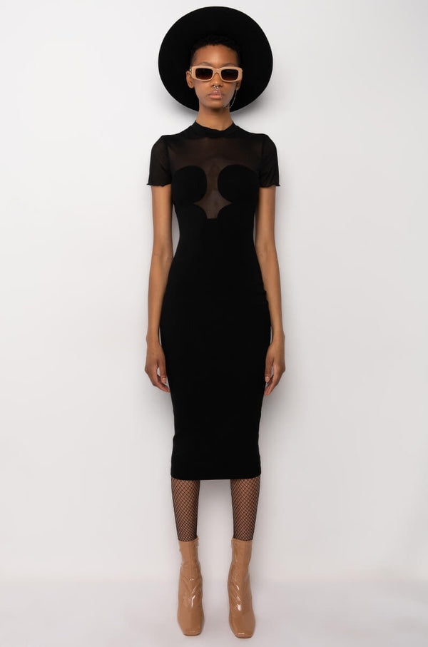 MESH LONG SLEEVE RIBBED MIDI DRESS