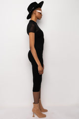 MESH LONG SLEEVE RIBBED MIDI DRESS