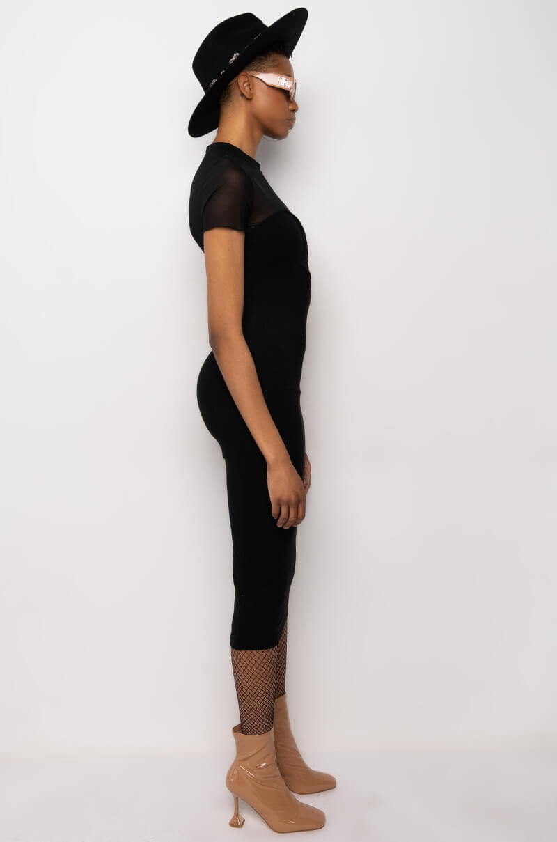 MESH LONG SLEEVE RIBBED MIDI DRESS