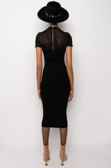 MESH LONG SLEEVE RIBBED MIDI DRESS
