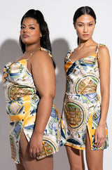 DON'T PLAY ME SCARF PRINT SATIN MINI DRESS