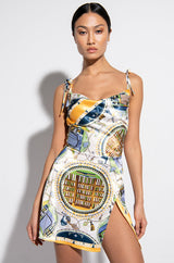 DON'T PLAY ME SCARF PRINT SATIN MINI DRESS