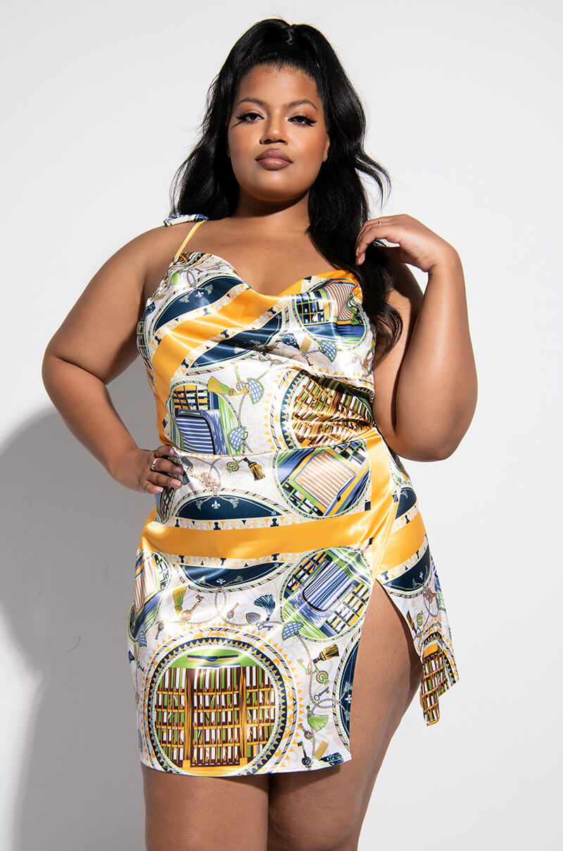DON'T PLAY ME SCARF PRINT SATIN MINI DRESS
