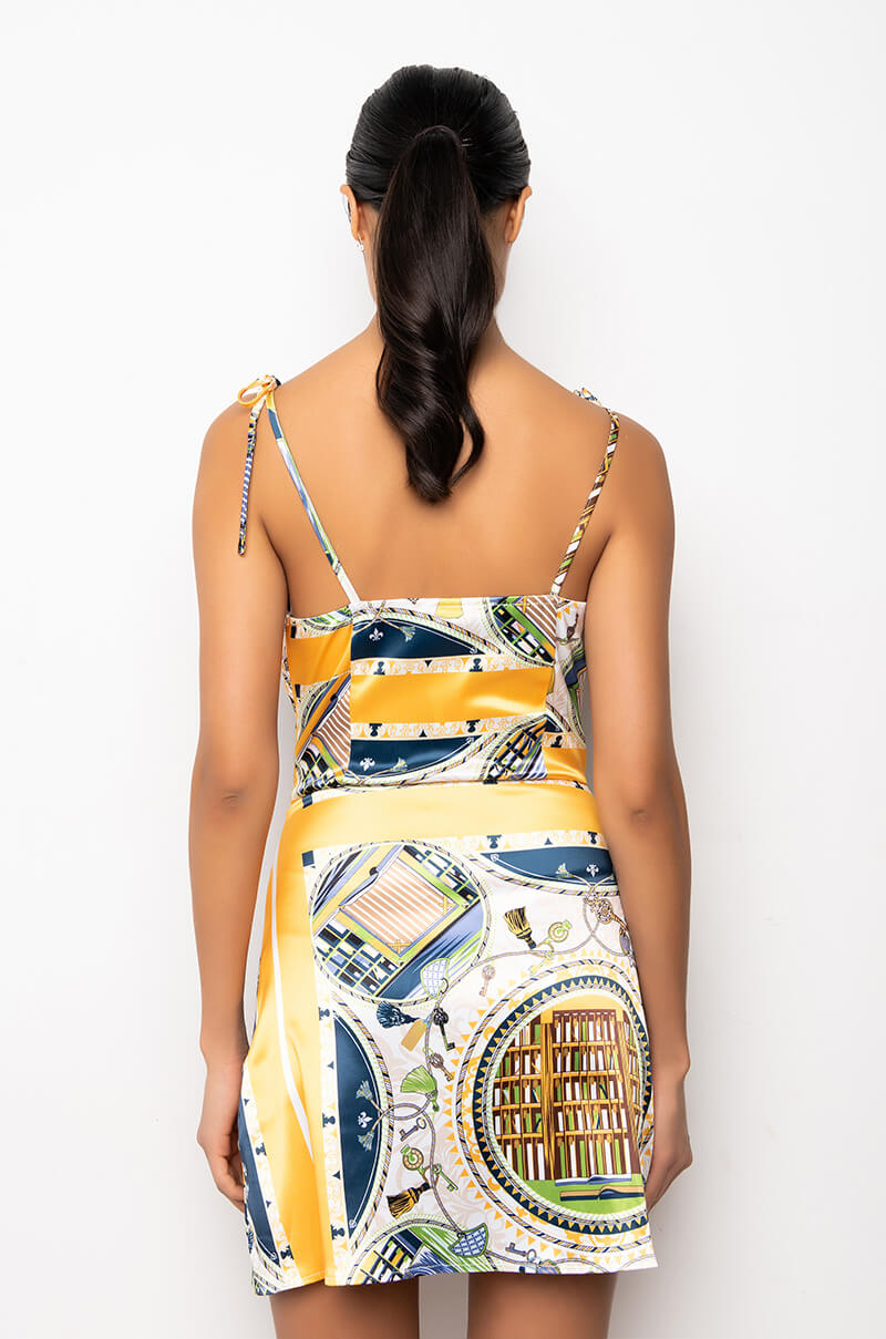 DON'T PLAY ME SCARF PRINT SATIN MINI DRESS