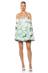 DRAMATIC FLORAL PUFF DETAIL STRAPLESS MINI DRESS
